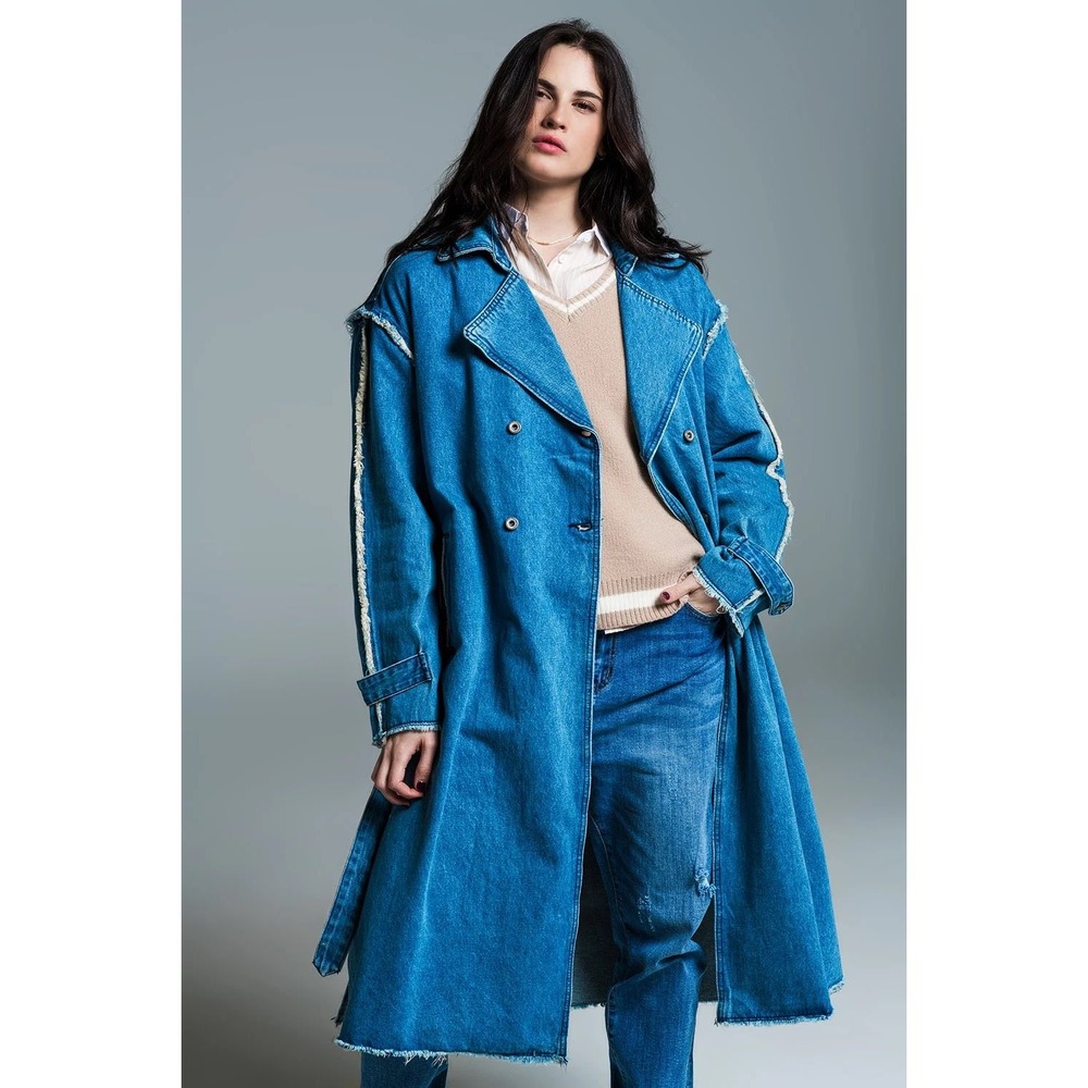 Q2 Premium Denim Double Breasted Belted
Trench Coat Women's Size Small